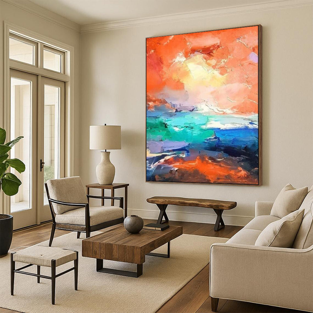 “Vibrant Orange & Turquoise Abstract Seascape” – Abstract Oil Painting On Canvas CT2114