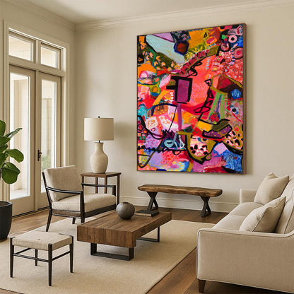 “Vibrant Abstract Mosaic” - Pink, Purple, Orange Dynamic Forms Painting On Canvas DTP292