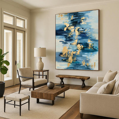 “Blue - Gold Fluid Reflections” - Blue, White & Gold Abstract Water - Inspired Painting On Canvas DKH0931