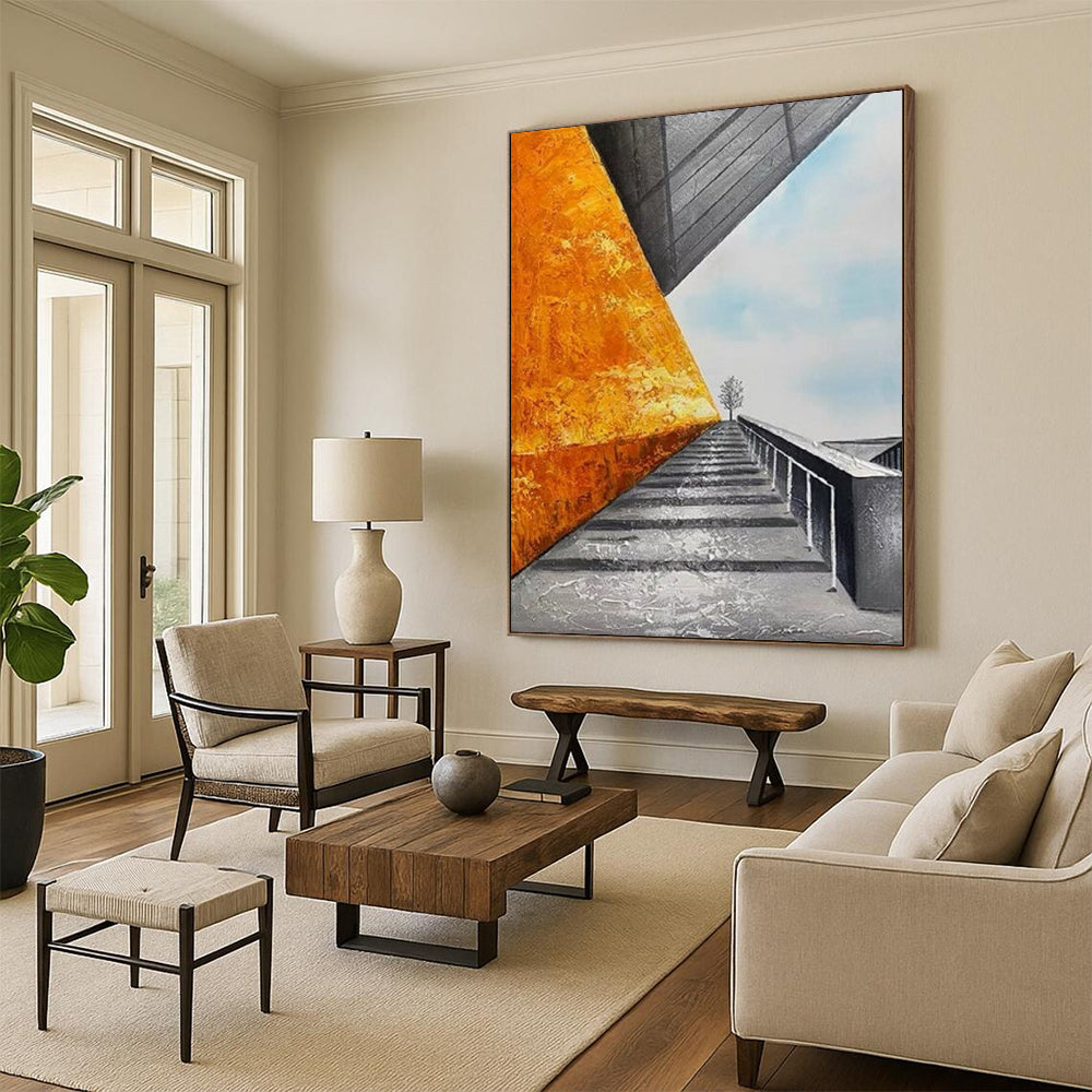 “Golden - Gray Architectural Path” - Orange, Gray, Blue Architectural Scene Painting On Canvas DTP281