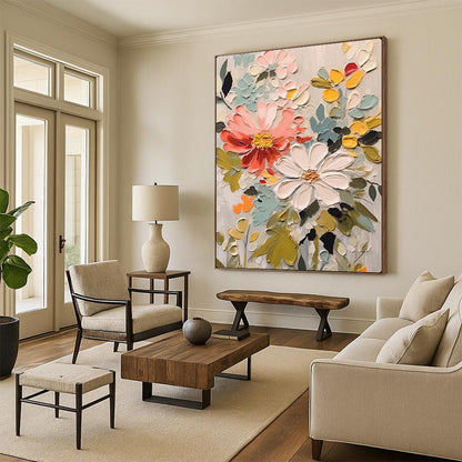 “Colorful Impasto Flower Medley” – Textured Floral Oil Painting On Canvas CT2128