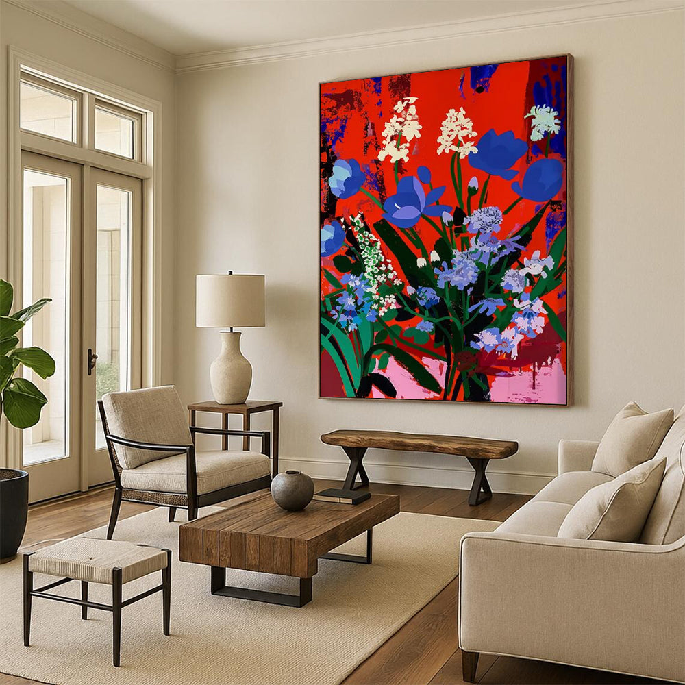 “Blue - White Flowers on Red” - Pop Art - Inspired Floral Painting On Canvas DTP101