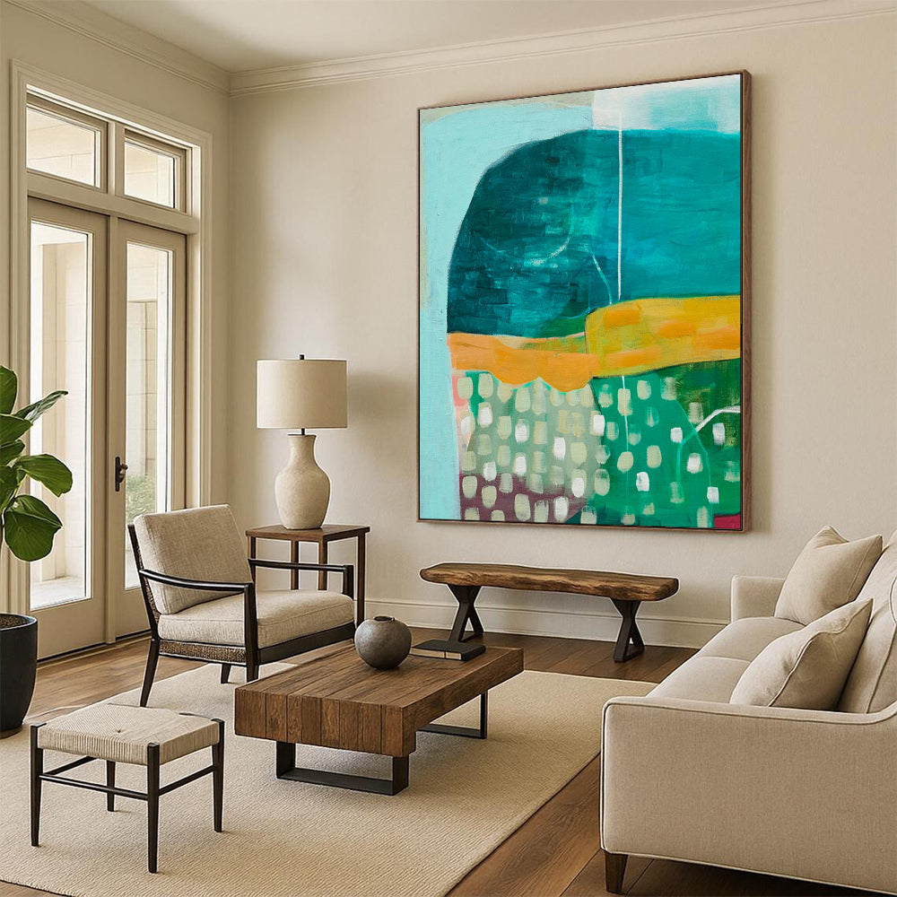 Teal, Orange, Patterned Layers - "Color Block Carnival" - Abstract Geometric Painting CT1847