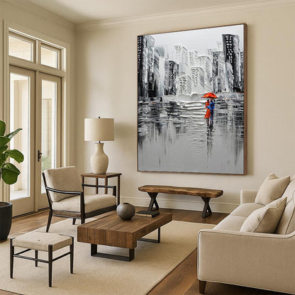 “Urban Rain Romance in Grayscale & Red” - Textured Cityscape Painting On Canvas DKH1600
