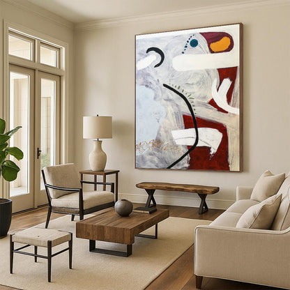 “Gray - Toned Abstract with Red, White, and Colorful Accents” - Expressive Abstract Painting On Canvas DKH1108