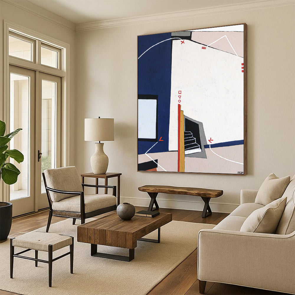 “Geometric Abstract with Blue, White, and Red Elements” - Architectural - Inspired Painting On Canvas DKH1106