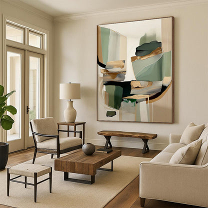Green, Beige & Gold Geometric Forms, “Elegant Abstraction” - Mixed - Media Abstract Painting CT0764