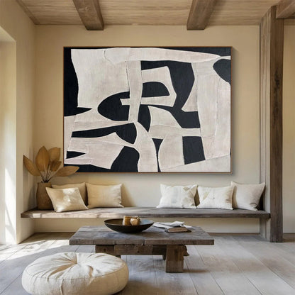 Black and White Geometric Abstract “Dynamic Shape Interplay” Painting On Canvas DKH091