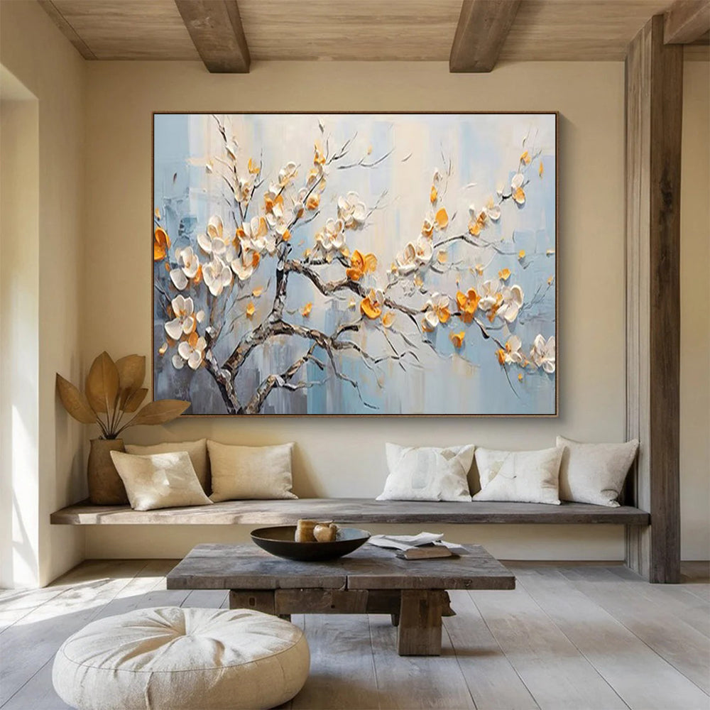 Blooming Tree with White and Orange Flowers - Impasto Floral Painting On Canvas DLZ202