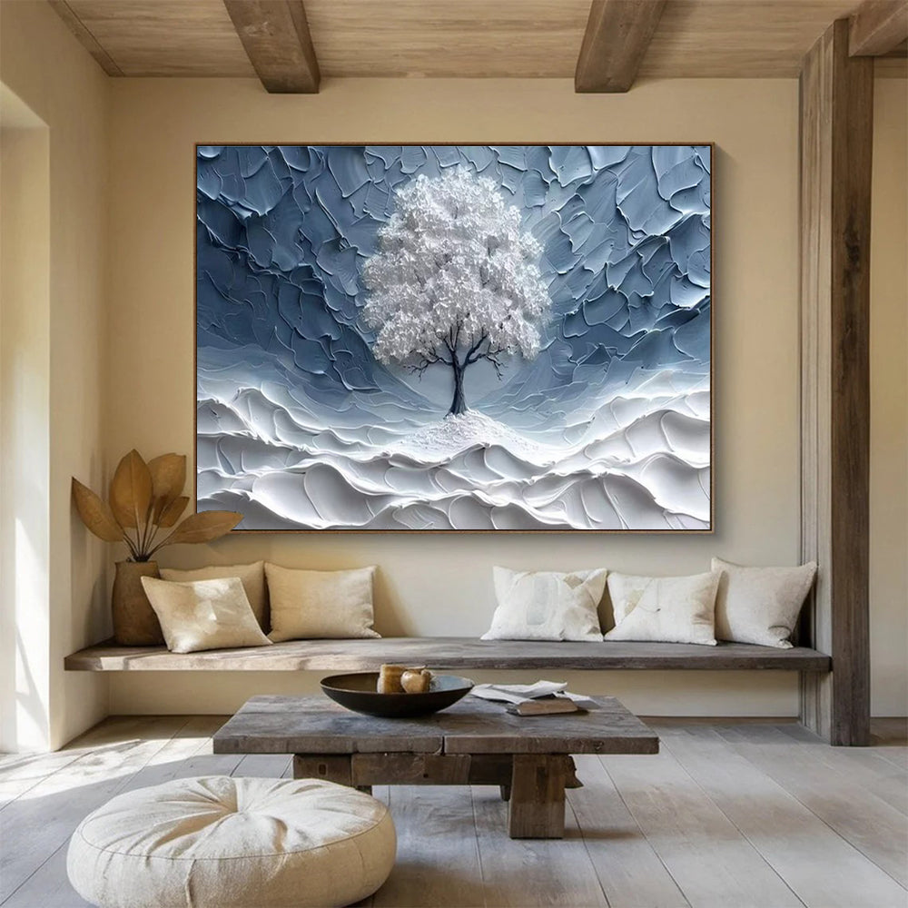 “White Tree in Textured Blue” - Minimalist Impasto Painting On Canvas DKH829