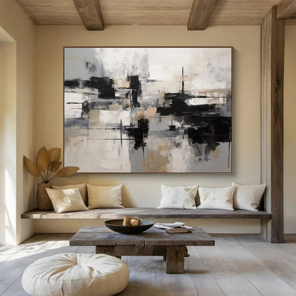 “Black, White & Beige Geometric Abstraction” Geometric Abstract Painting On Canvas DKH335