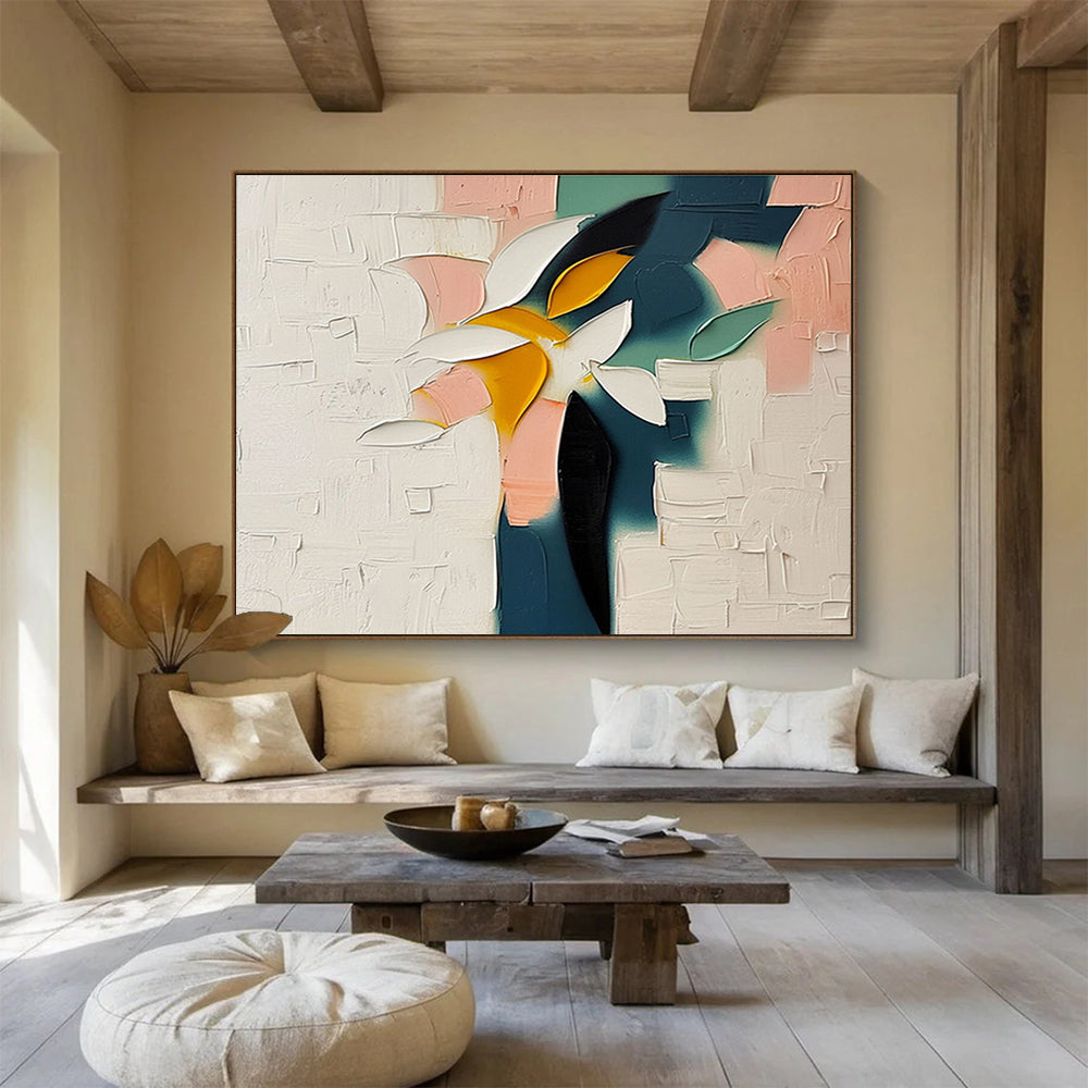 “Color - Blocked Flower in Pastels” - Pink, Teal, Yellow, White Impasto Floral Painting On Canvas DKH747