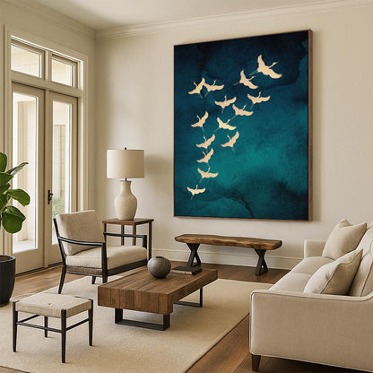 Golden Cranes Teal Blue Wash Oriental Inspired Avian Art CT1919