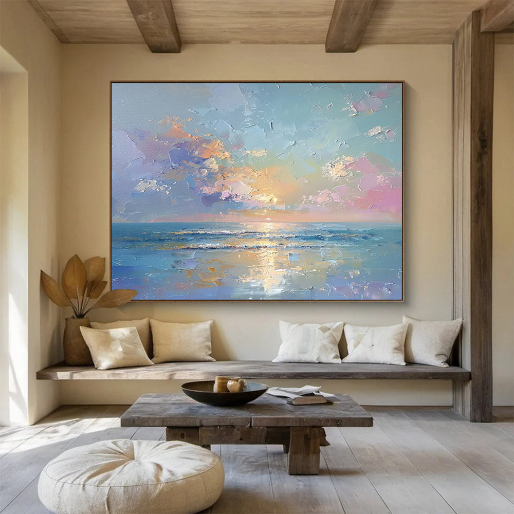 “Vibrant Seascape: Colorful Sunset Over Ocean” Impasto Oil Painting On Canvas DKH363