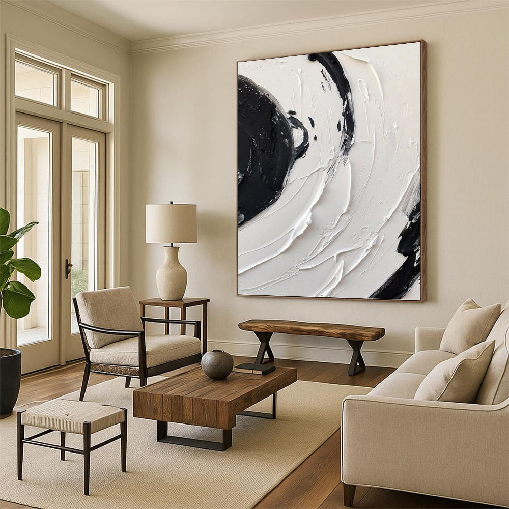 “Swirling Black - White Impasto” - Abstract Expressionist - Style Painting On Canvas DKH1677