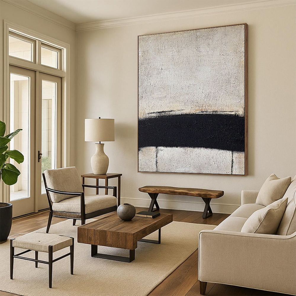 “Black, White Minimalist Line ‘Essence of Form’” - Textured Abstract Painting On Canvas DTP353