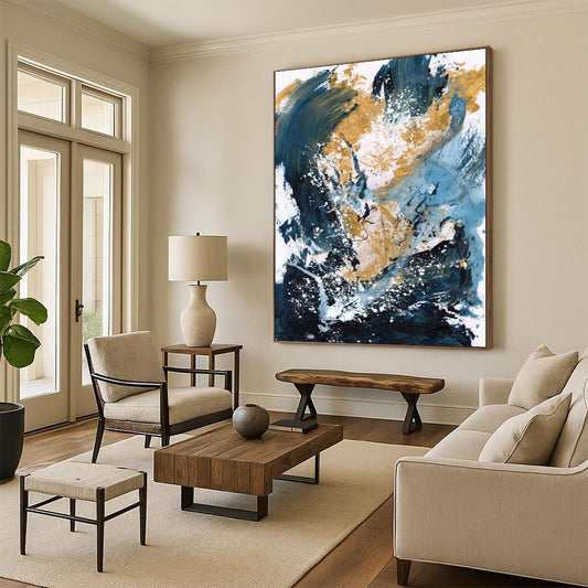 “Blue - Gold Abstract Splash” - Blue, Gold, White Abstract Painting On Canvas DTP234