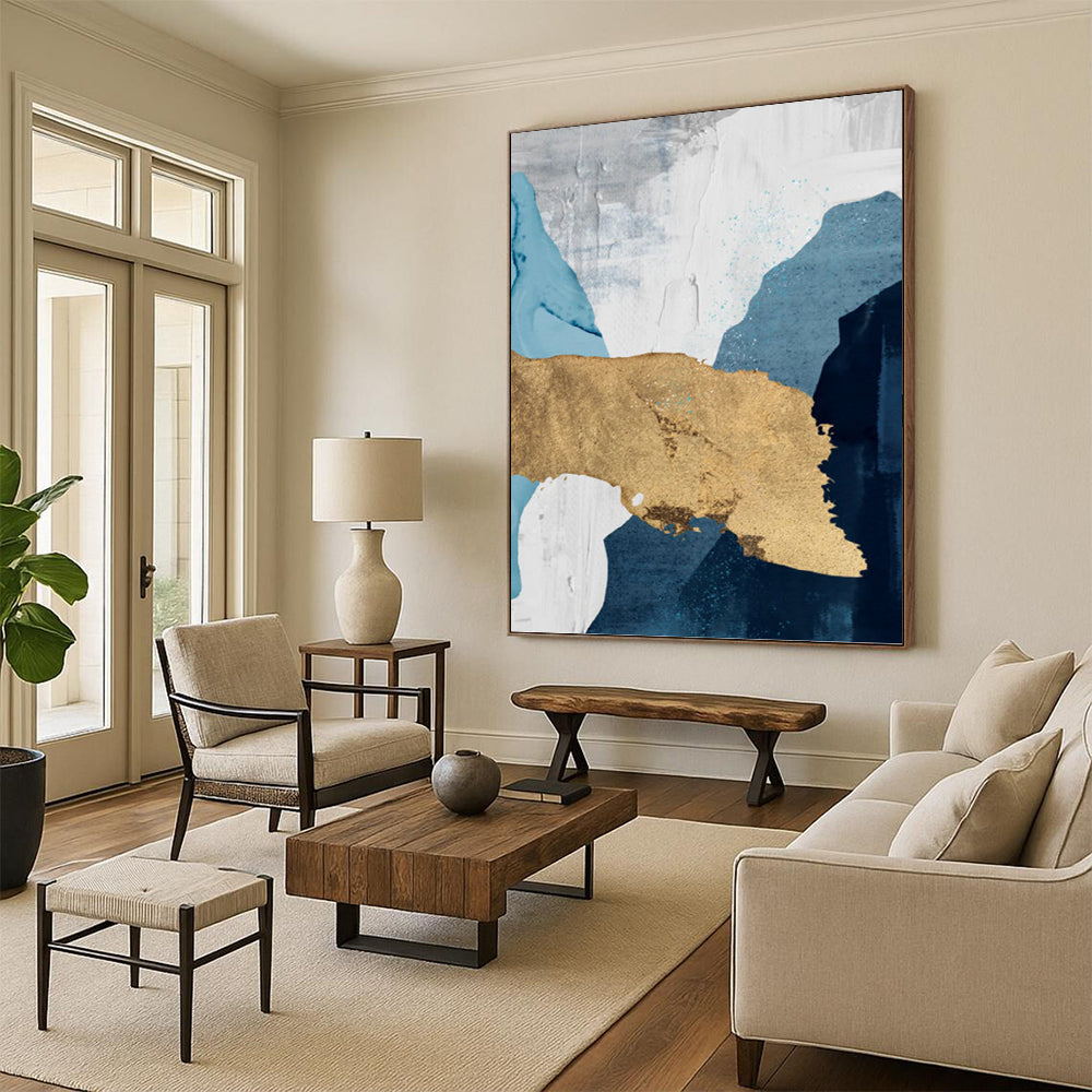 “Elegant Layers” - Blue, White, Gray & Gold Abstract Shapes Painting On Canvas DKH1527