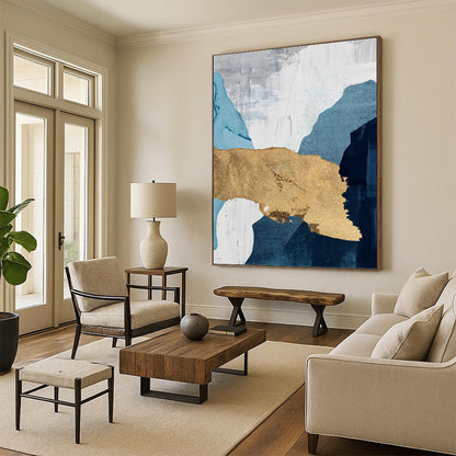 “Elegant Layers” - Blue, White, Gray & Gold Abstract Shapes Painting On Canvas DKH1527