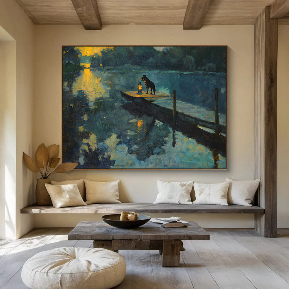 Dog by Lantern at Sunset River Realistic Painting On Canvas DKH221