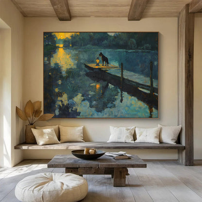Dog by Lantern at Sunset River Realistic Painting On Canvas DKH221