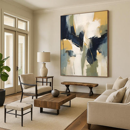 “Blue - Yellow Geometric Abstraction” - Modernist Abstract Painting On Canvas DTP123
