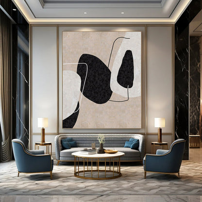 “Beige, Black, and White Geometric Assemblage” – Minimalist Geometric Painting CT1121