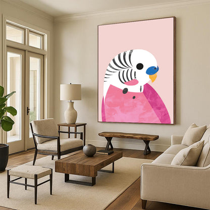 “Pink - Themed Parakeet” - Pink, White, Blue, Yellow Illustration - Style Painting On Canvas DTP227