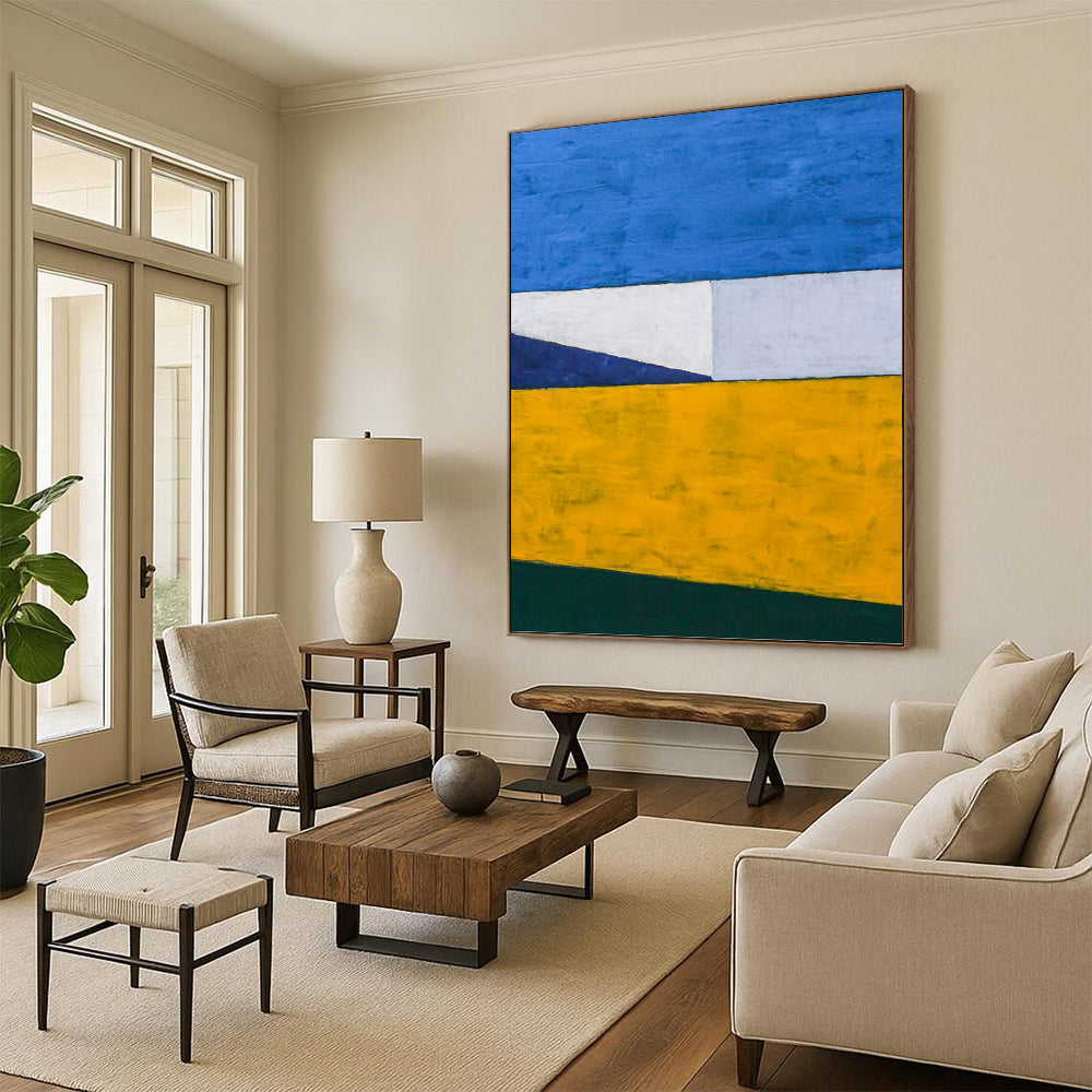 “Blue, Yellow, and Green Color - Blocked Abstract” - Minimalist Geometric Painting On Canvas DKH1096