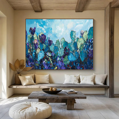 “Blue Cactus Field” - Vibrant Desert Painting On Canvas DKH827