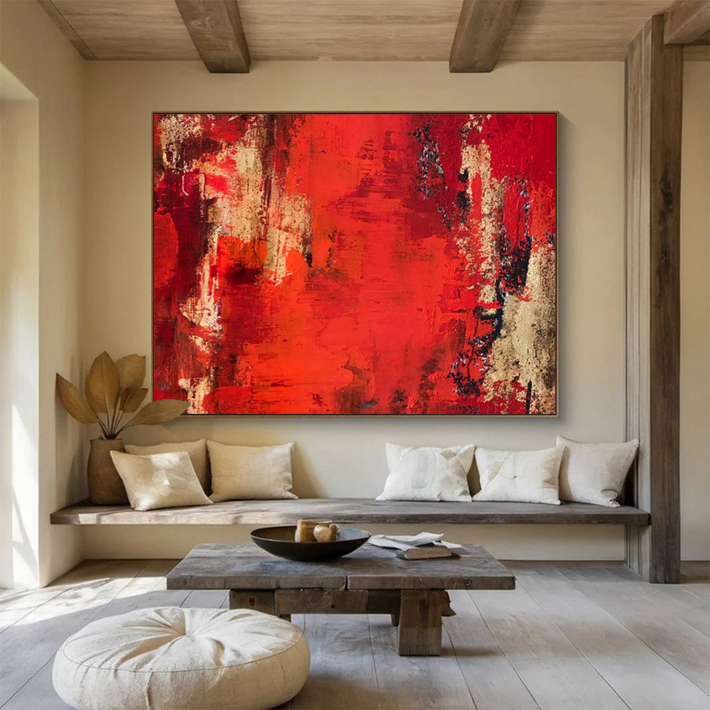 Dynamic Red and Beige Abstract Painting On Canvas DKH296