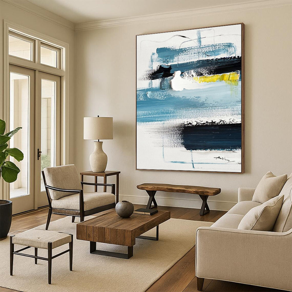 Blue, Black, White & Yellow Abstract Layers, “Coastal Rhythm” - Impasto Abstract Painting CT0778