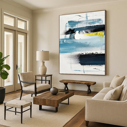 Blue, Black, White & Yellow Abstract Layers, “Coastal Rhythm” - Impasto Abstract Painting CT0778