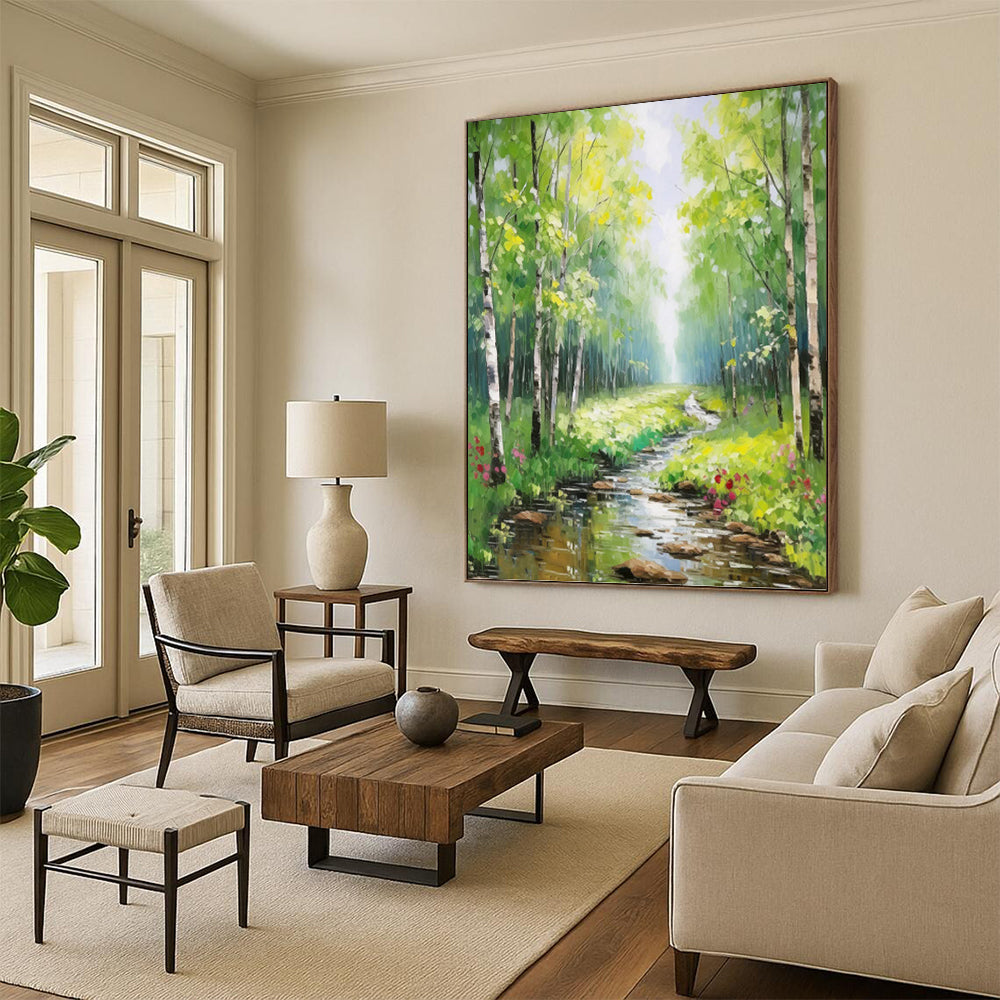 Sunlit Forest Stream - Landscape Oil Painting On Canvas DKH1266
