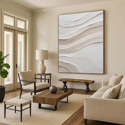 White - Beige Wavy Textures, “Cloud Drift” - Textured Abstract Plaster Painting CT0722