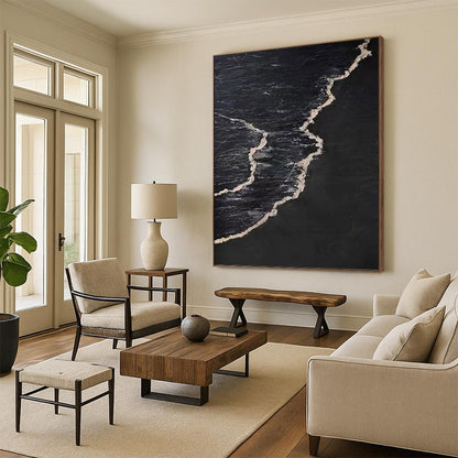 “Black & White Wave Contrast” - Black & White Minimalist Seascape Painting On Canvas DKH0959