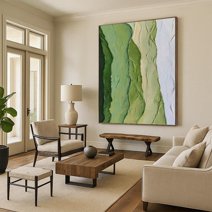 “Green Textured Ridges” - Green & White Impasto Abstract Painting On Canvas DKH1196
