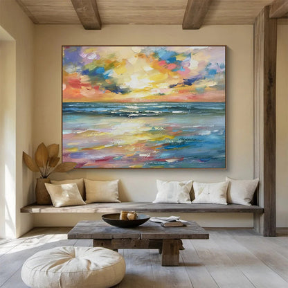 Rainbow - Hued Sunset and Ocean “Spectral Seaside Splendor” Painting On Canvas DKH117