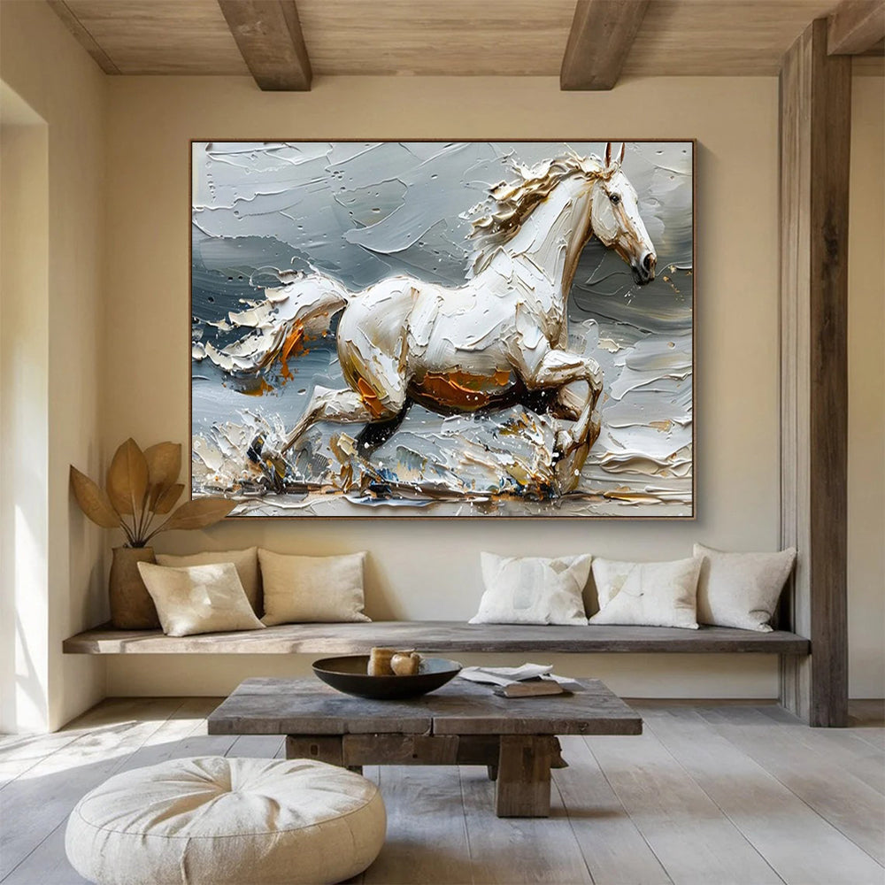 “Galloping White Horse” - Textured Equine Painting On Canvas DKH812