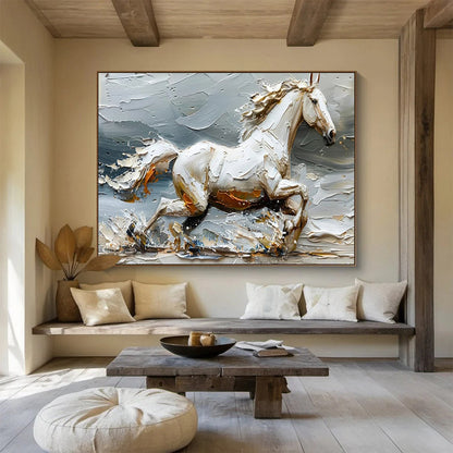 “Galloping White Horse” - Textured Equine Painting On Canvas DKH812