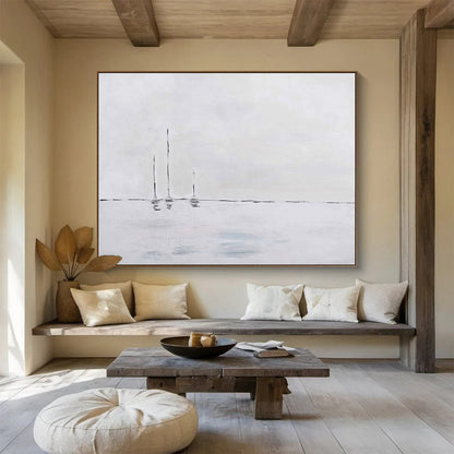 “Minimalist Sailboats in White” - White & Gray Maritime Minimalist Painting On Canvas DLZ261