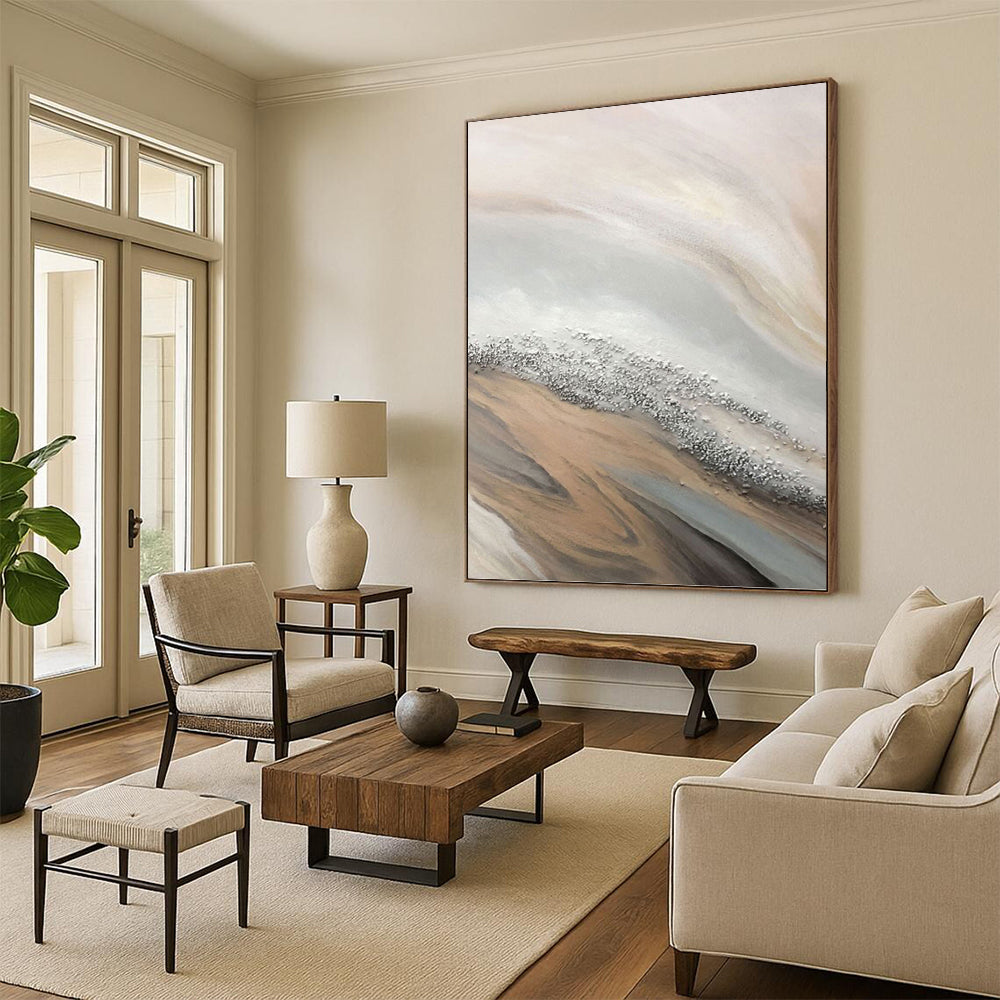 “Beige - Gray - Silver Flowing Abstract” Painting On Canvas DKH1228