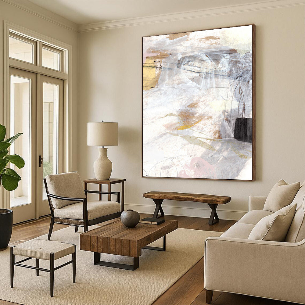 “Ethereal White - Beige - Gold Abstract” - Mixed - Media Abstract Painting On Canvas DTP187