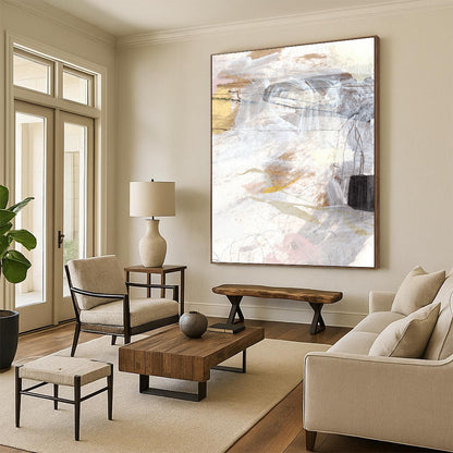 “Ethereal White - Beige - Gold Abstract” - Mixed - Media Abstract Painting On Canvas DTP187