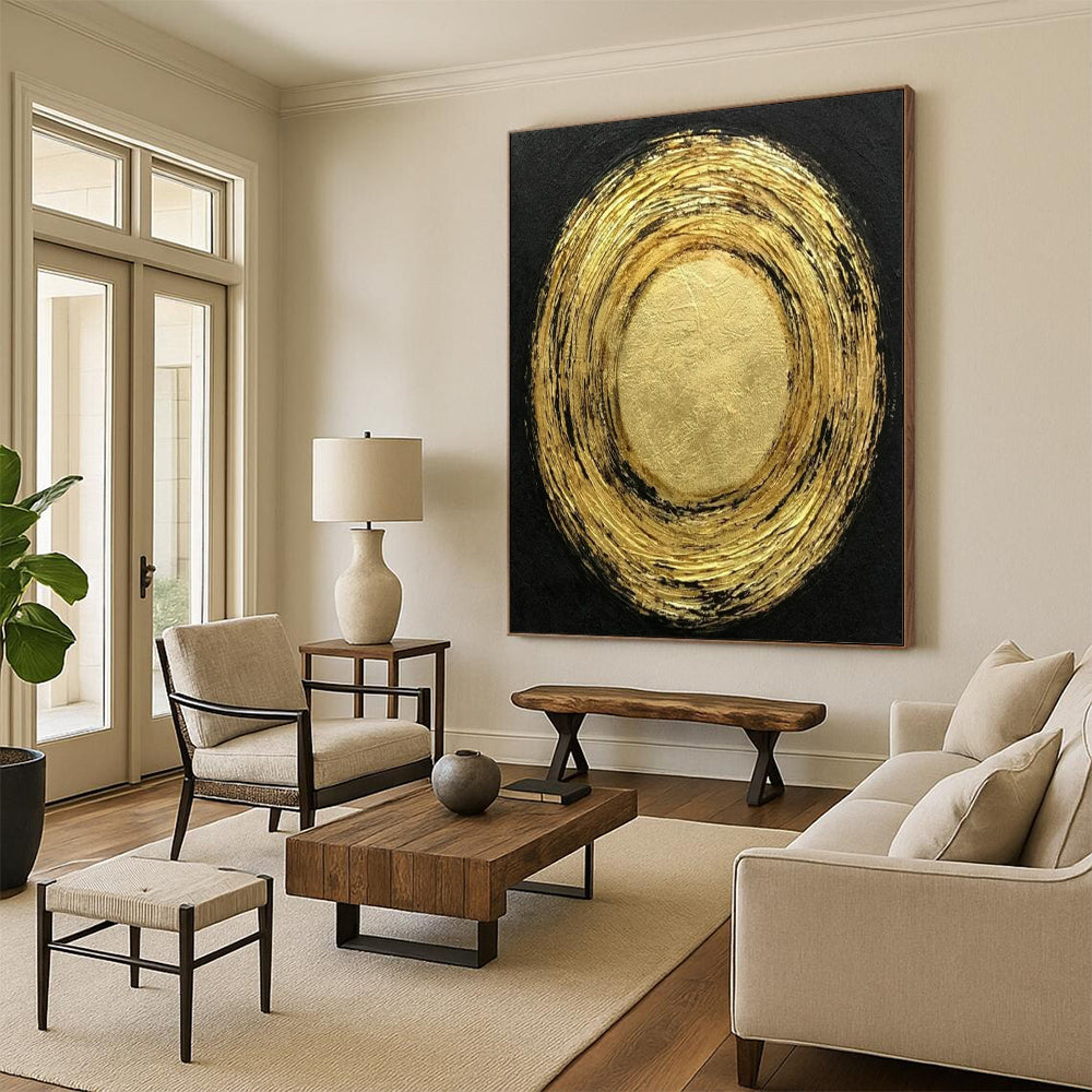 “Gold & Black Textured Circles” - Abstract Painting On Canvas CT2330