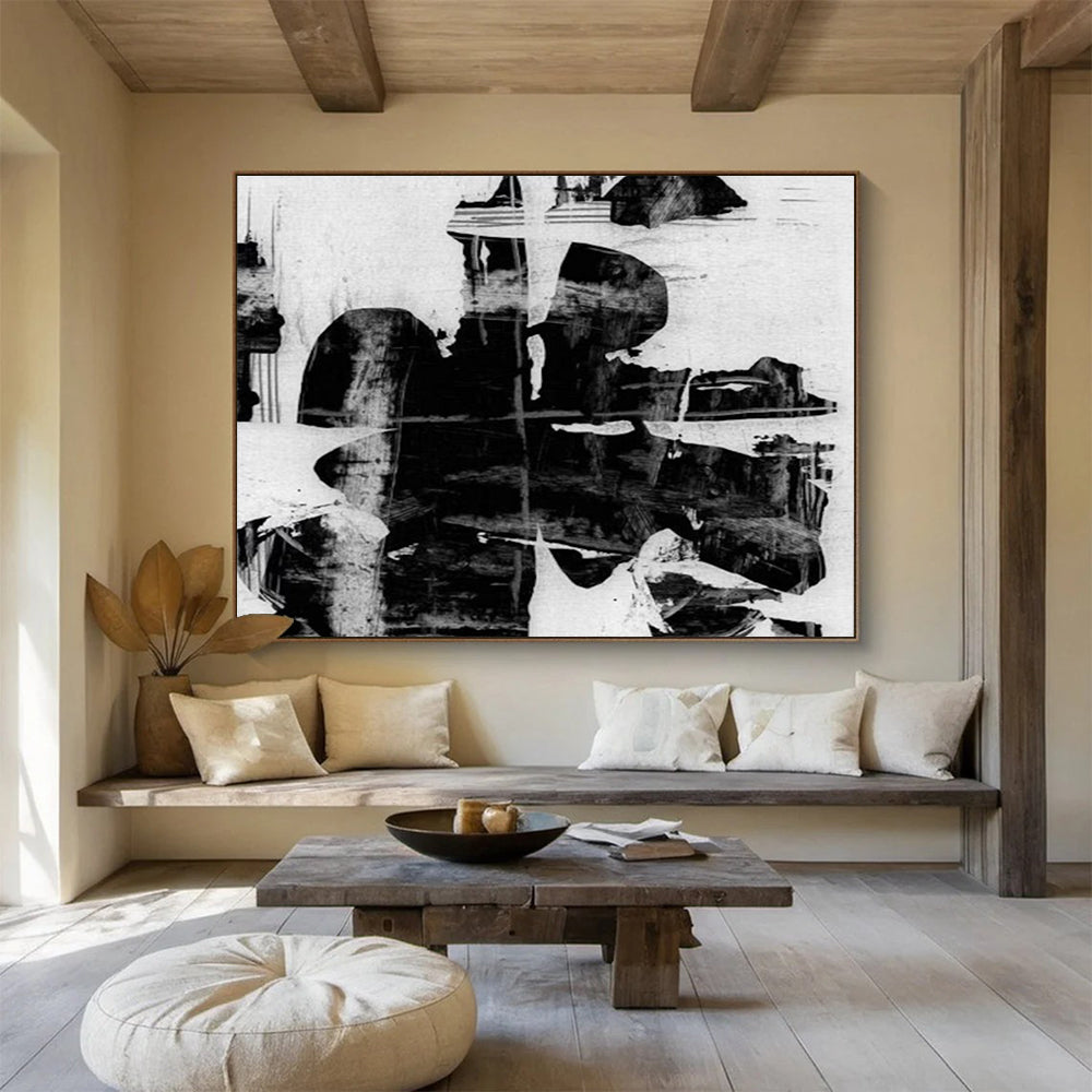 “Monochrome Textured Layers” Black - and - White Abstract Painting On Canvas DLZ134