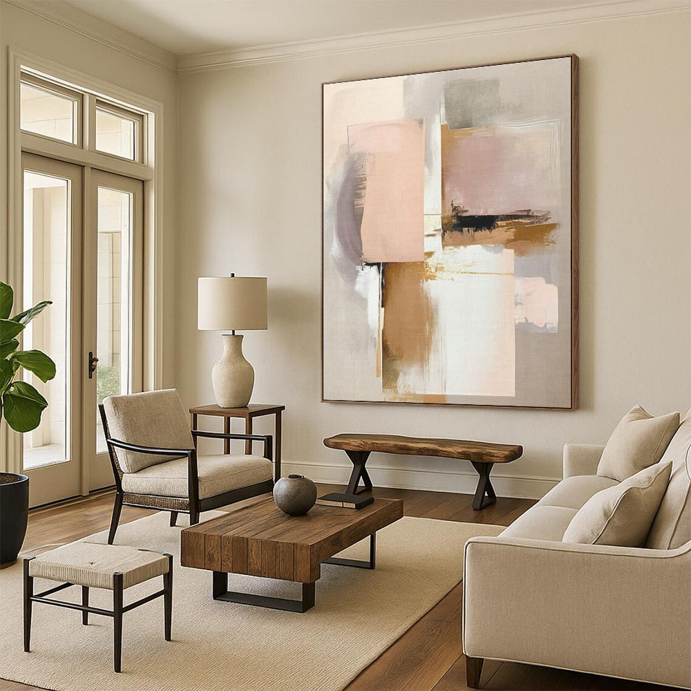 Muted Pink, Beige & Gold Shapes, “Blush & Gold” - Abstract Geometric Acrylic Painting CT0759