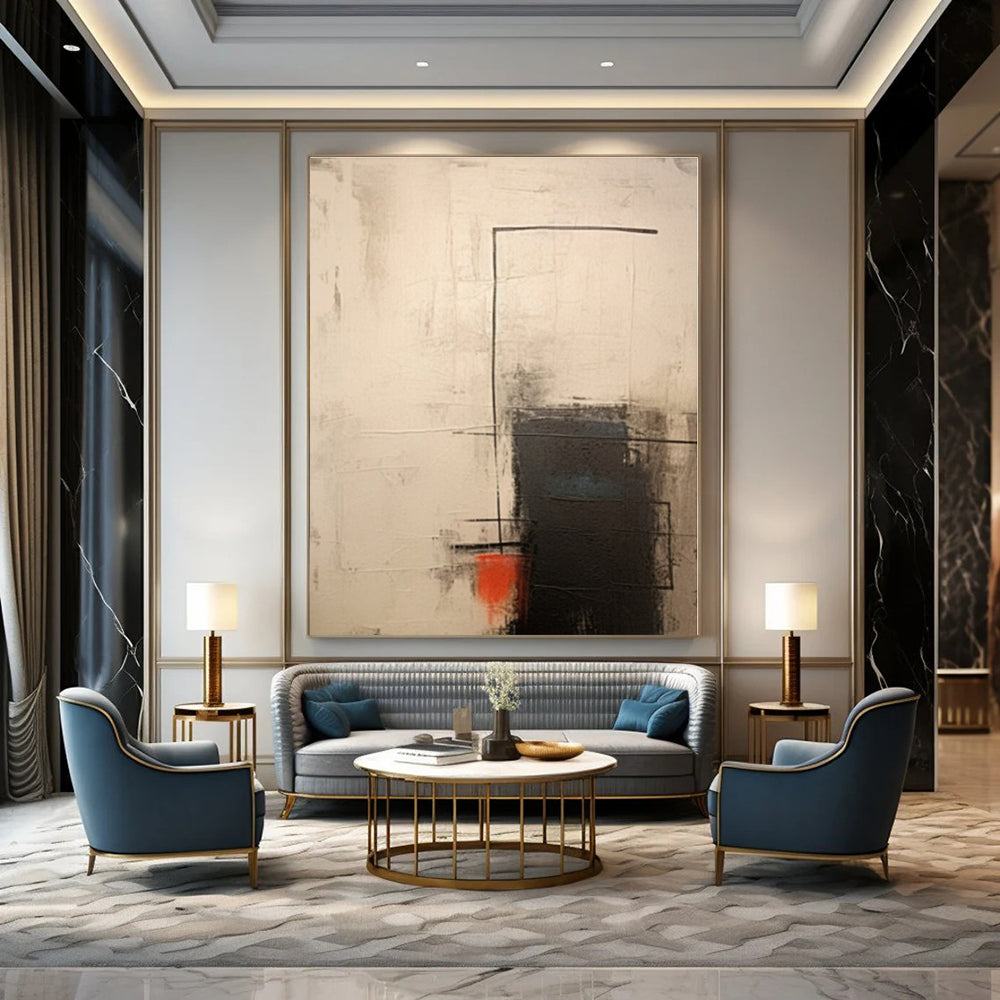 Linear Abstraction in Neutrals & Red - Abstract Geometric Oil CT1291