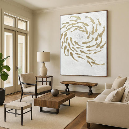 “Golden School” - White & Gold Textured Fish - Swarm Painting On Canvas DKH1544