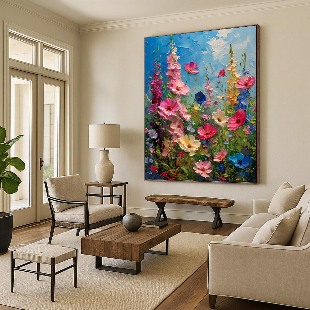 “Vibrant Flower Field Impasto” - Colorful Thick - Textured Flower Field Painting On Canvas DKH1594
